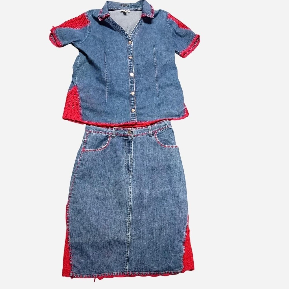 Vintage Erica Brooke Blue Denim And Red Crochet Skirt And Top Set Size 16